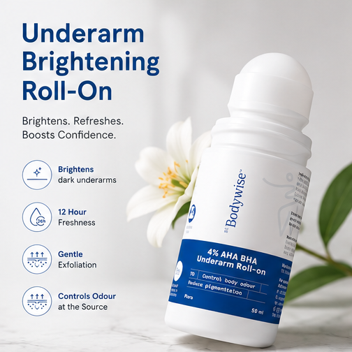 Be Bodywise 4% AHA BHA Underarm Roll-On for Even Tone Skin, 2% Lactic, 1% Mandelic and 1% Salicylic Acid, Controls Odour & Reduces Pigmentation, 0% Alcohol & 0% Aluminium, Flora Fragrance, 50ml