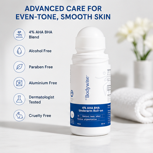 Be Bodywise 4% AHA BHA Underarm Roll-On for Even Tone Skin, 2% Lactic, 1% Mandelic and 1% Salicylic Acid, Controls Odour & Reduces Pigmentation, 0% Alcohol & 0% Aluminium, Flora Fragrance, 50ml