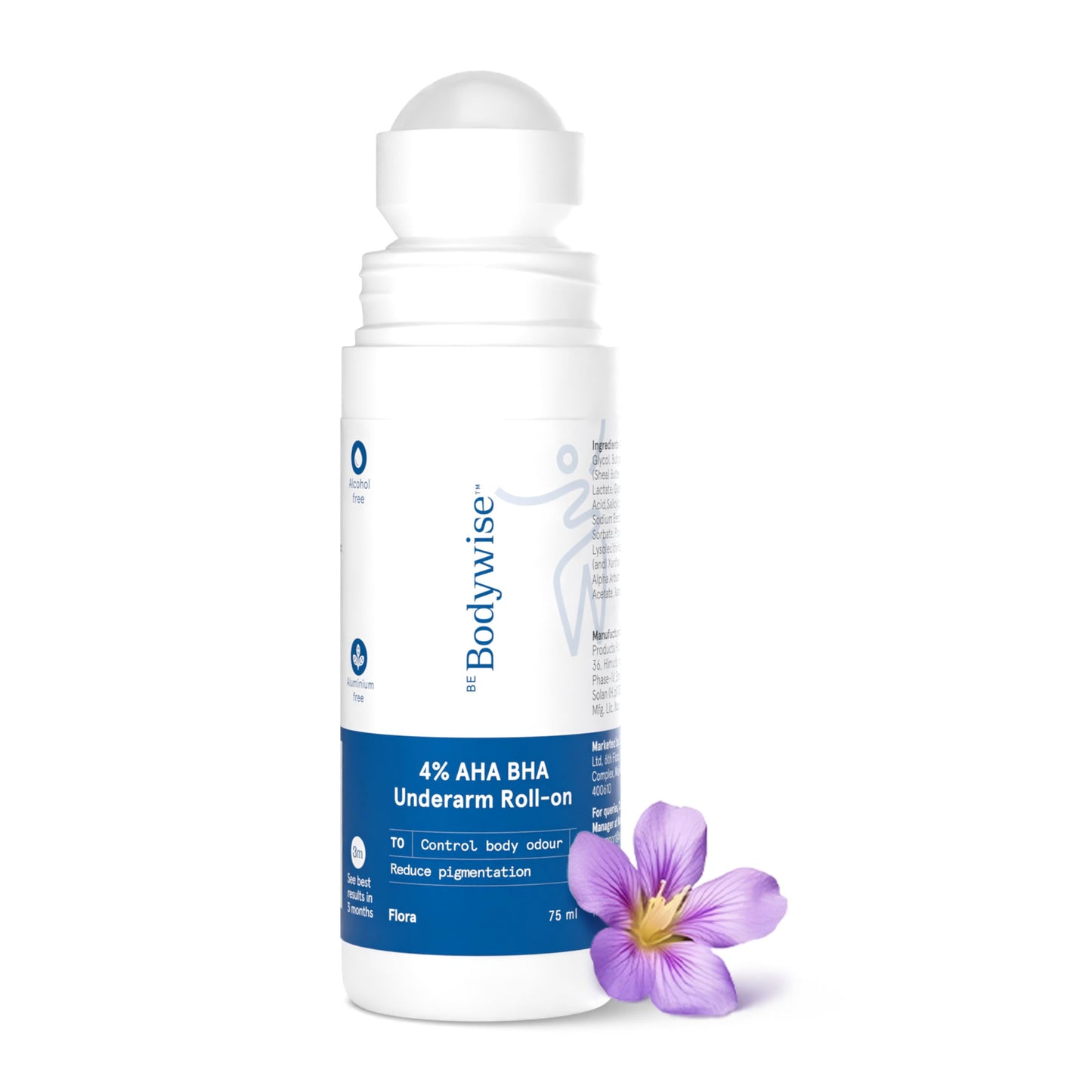 Be Bodywise 4% AHA BHA Underarm Roll-On for Even Tone Skin, 2% Lactic, 1% Mandelic and 1% Salicylic Acid, Controls Odour & Reduces Pigmentation, 0% Alcohol & 0% Aluminium, Flora Fragrance, 50ml