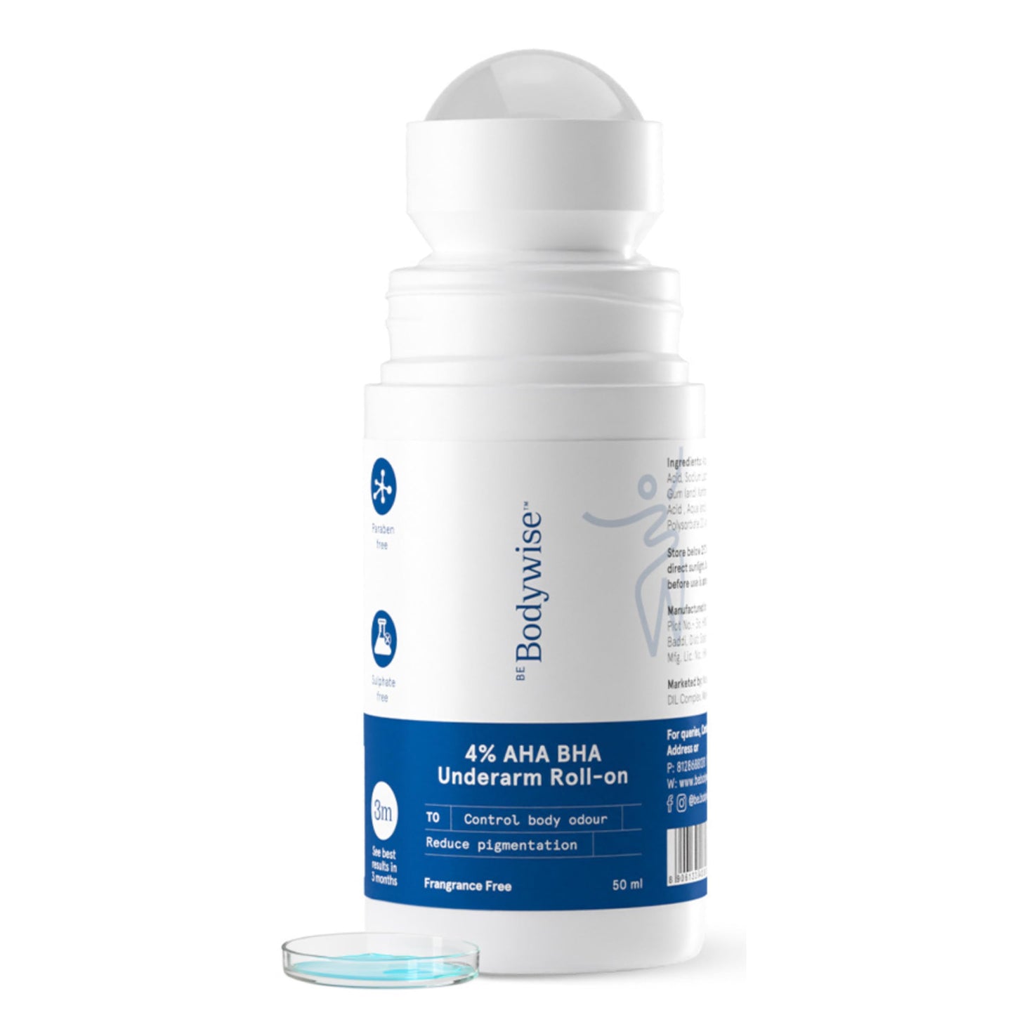 Be Bodywise 4% AHA BHA Underarm Roll-On for Even Tone Skin, 2% Lactic, 1% Mandelic and 1% Salicylic Acid, Controls Odour & Reduces Pigmentation, 0% Alcohol & 0% Aluminium, Flora Fragrance, 50ml