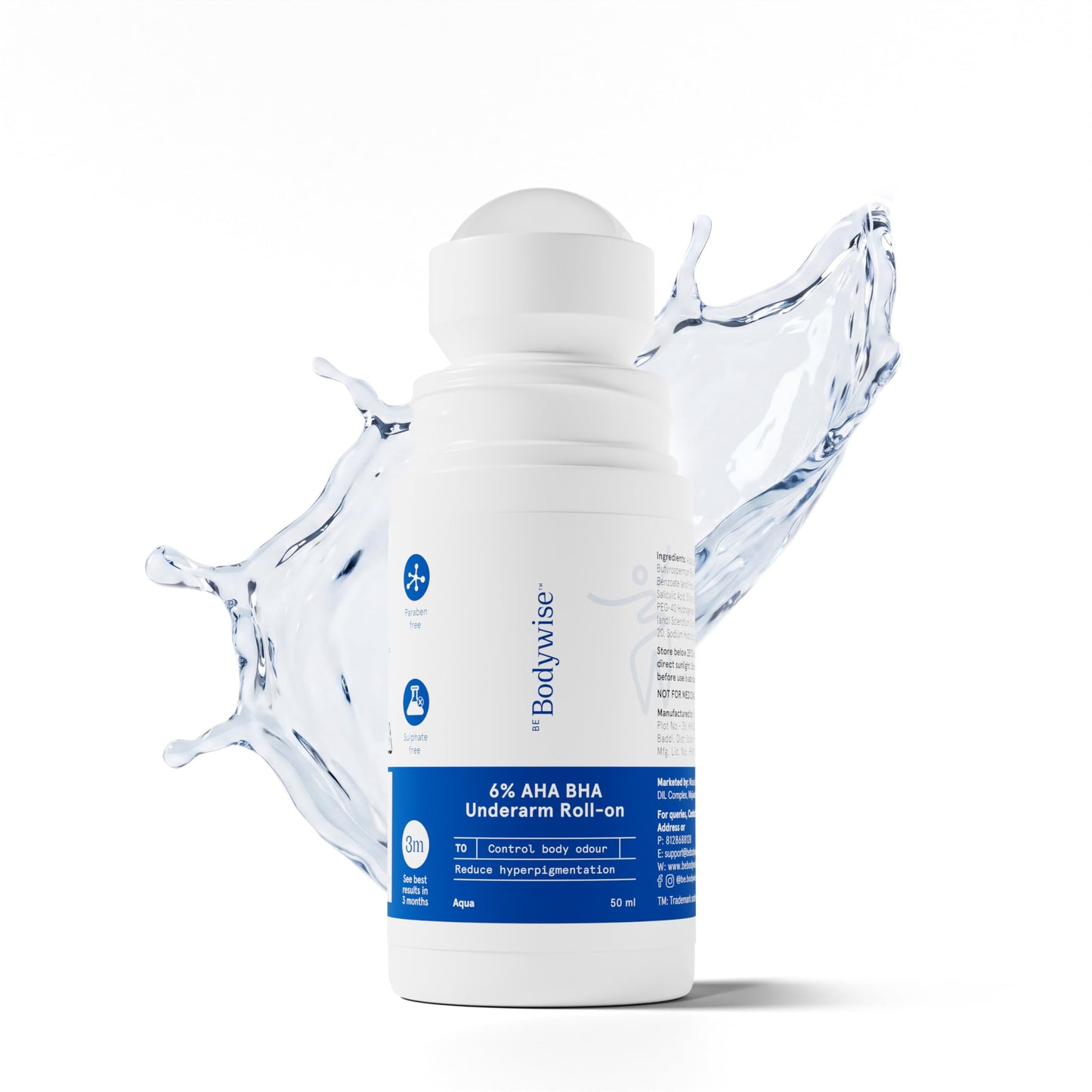 Be Bodywise 4% AHA BHA Underarm Roll-On for Even Tone Skin, 2% Lactic, 1% Mandelic and 1% Salicylic Acid, Controls Odour & Reduces Pigmentation, 0% Alcohol & 0% Aluminium, Flora Fragrance, 50ml