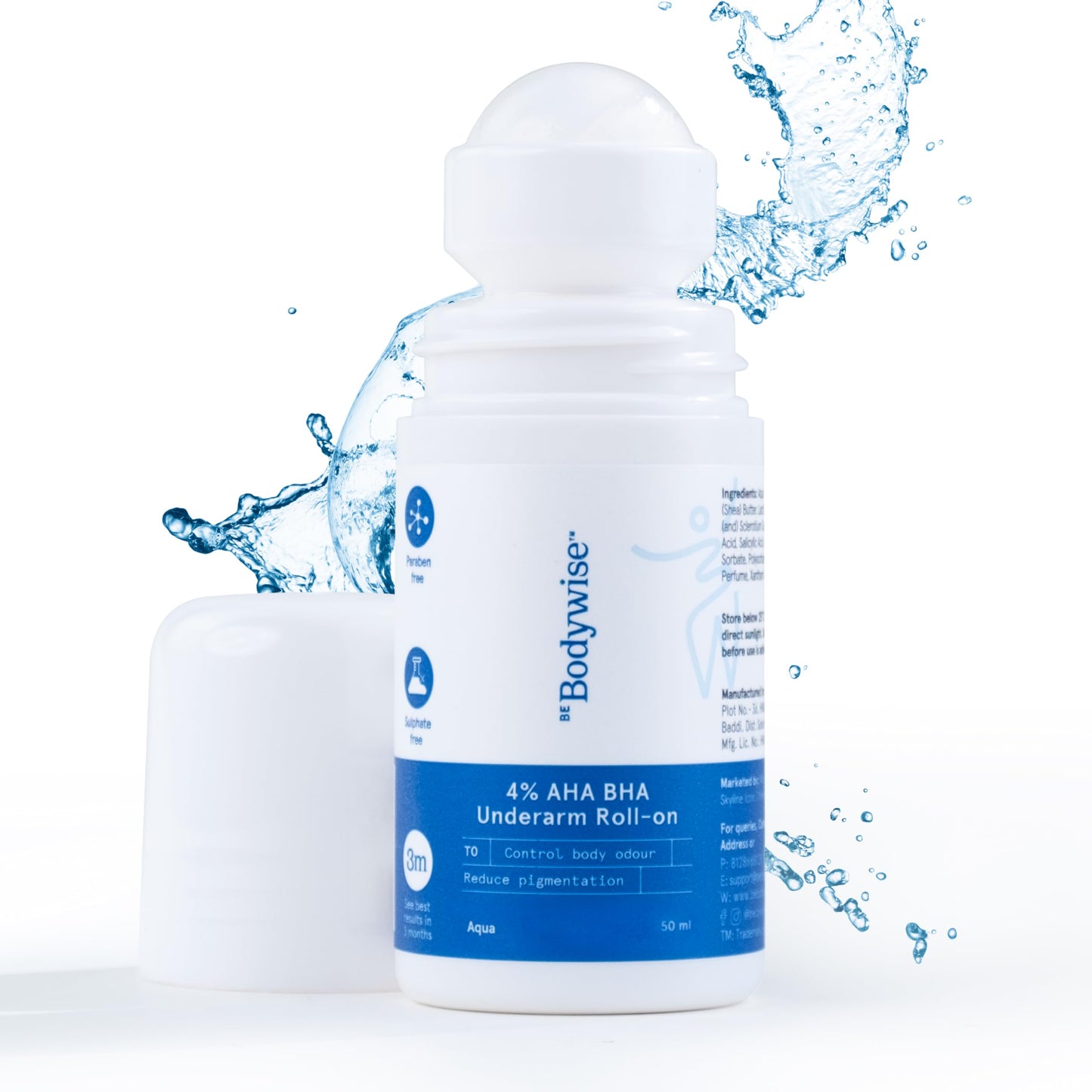 Be Bodywise 4% AHA BHA Underarm Roll-On for Even Tone Skin, 2% Lactic, 1% Mandelic and 1% Salicylic Acid, Controls Odour & Reduces Pigmentation, 0% Alcohol & 0% Aluminium, Flora Fragrance, 50ml