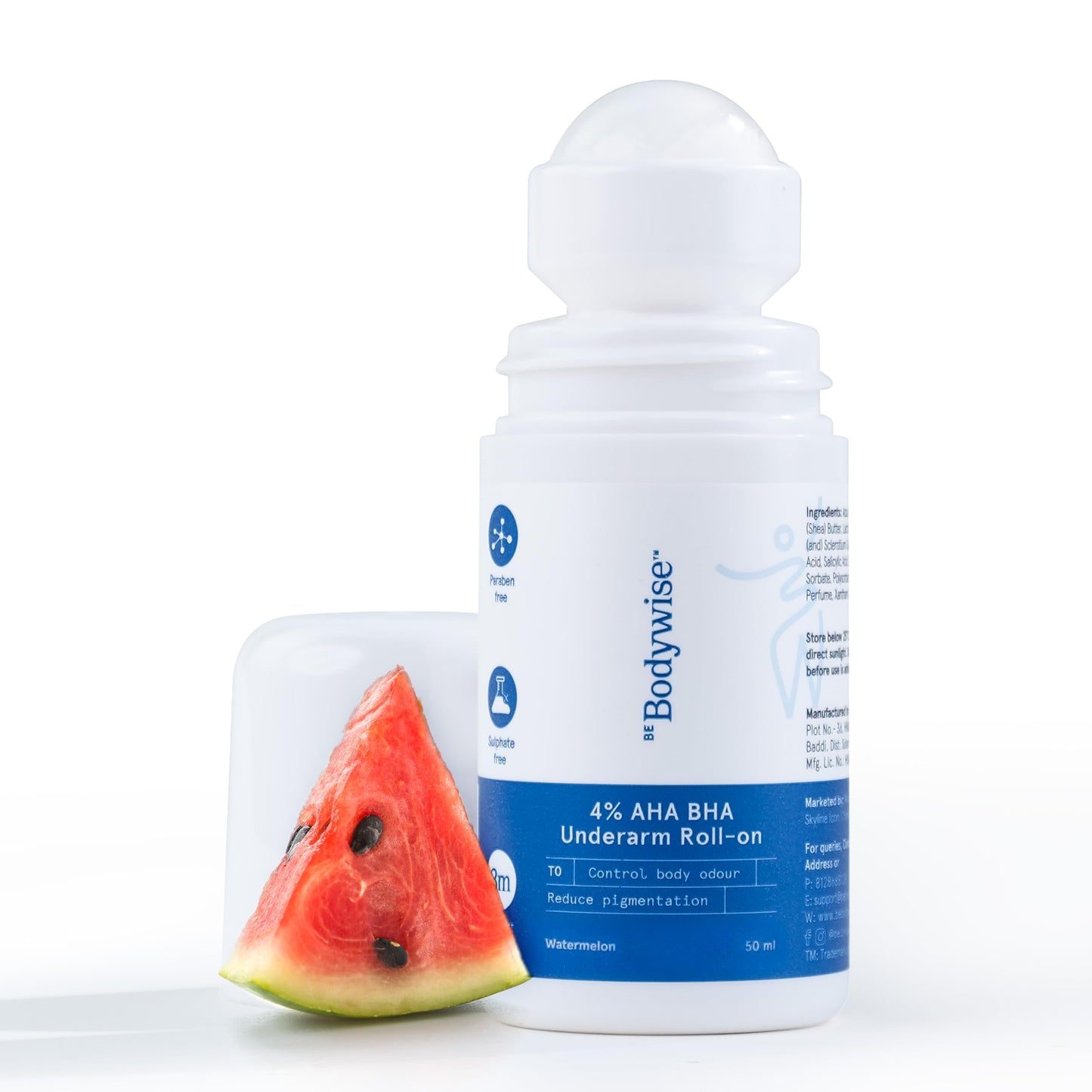 Be Bodywise 4% AHA BHA Underarm Roll-On for Even Tone Skin, 2% Lactic, 1% Mandelic and 1% Salicylic Acid, Controls Odour & Reduces Pigmentation, 0% Alcohol & 0% Aluminium, Flora Fragrance, 50ml