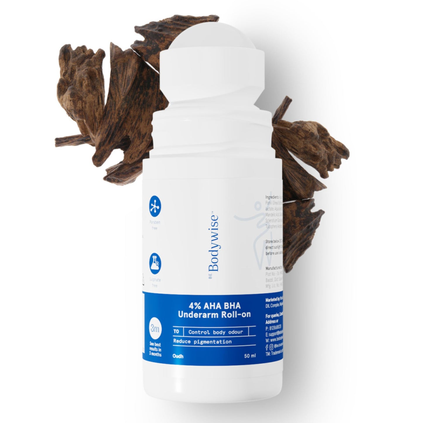 Be Bodywise 4% AHA BHA Underarm Roll-On for Even Tone Skin, 2% Lactic, 1% Mandelic and 1% Salicylic Acid, Controls Odour & Reduces Pigmentation, 0% Alcohol & 0% Aluminium, Flora Fragrance, 50ml
